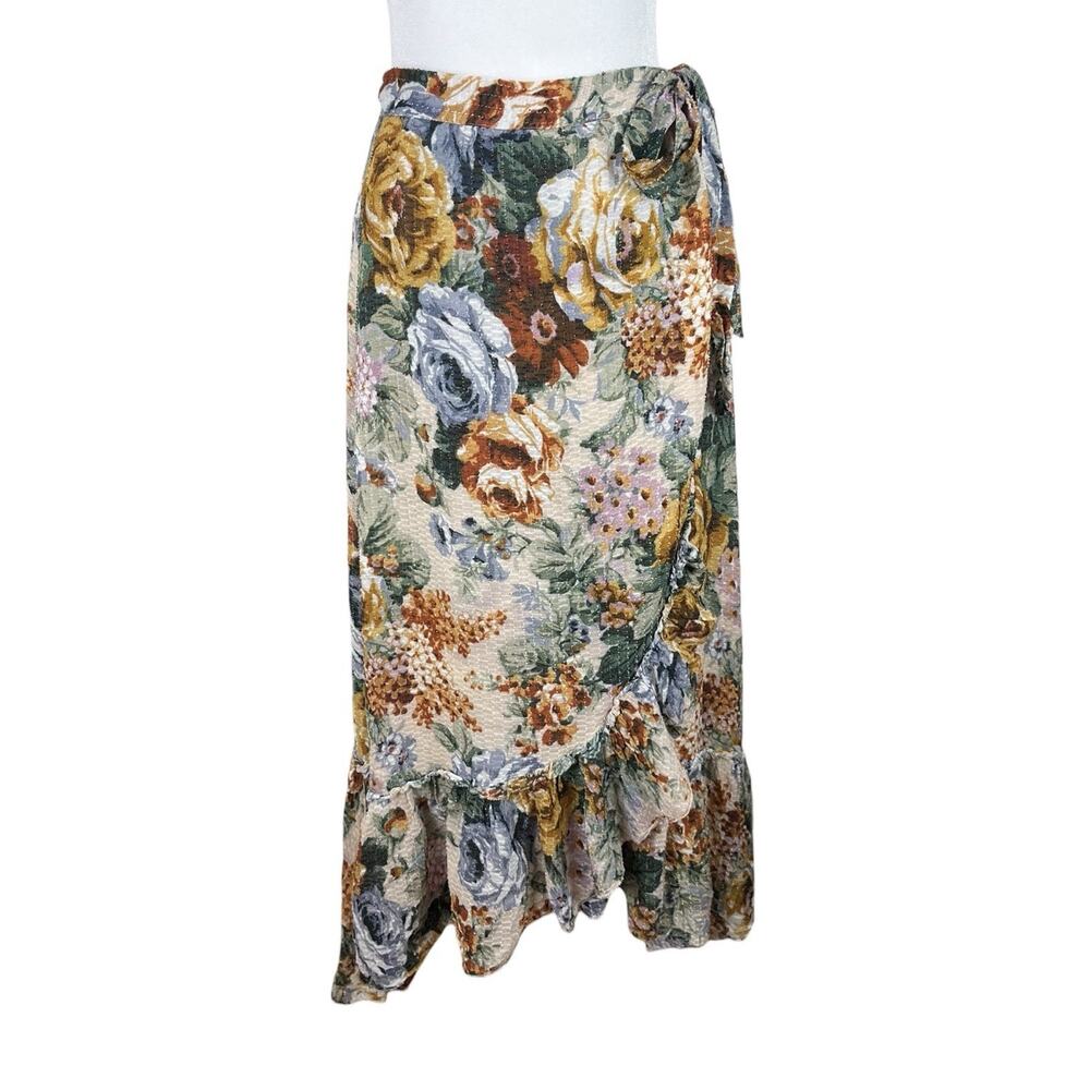 Stella Nova Copenhagen Floral Wrap Midi Skirt Ruffle Hem Cottagecore Size 38 - Picture 2 of 7